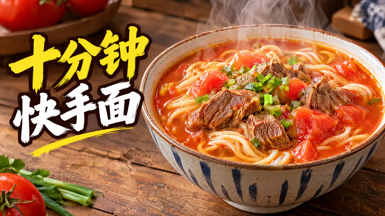 Ảnh thu nhỏ video nấu ăn 16:9 do AI tạo: bát mì bò cà chua bốc khói trên bàn gỗ, tiêu đề tiếng Trung lớn “十分钟快手面” bên trái