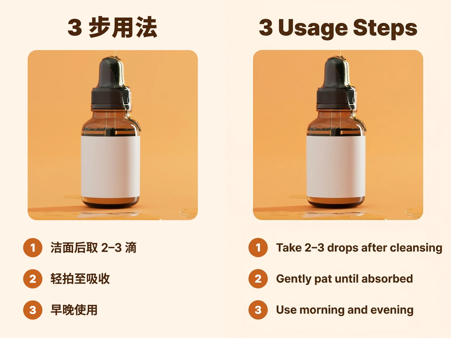 Avant et après la traduction du chinois vers l’anglais d’une image présentant trois étapes d’utilisation d’un sérum